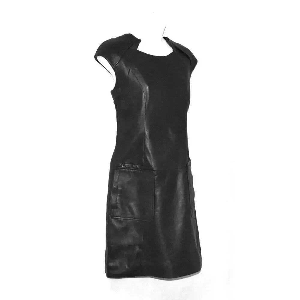 C0 Auth ETCETERA Black Genuine Leather Patch Pockets Short Sleeve Dress Size 2 - Picture 2 of 6